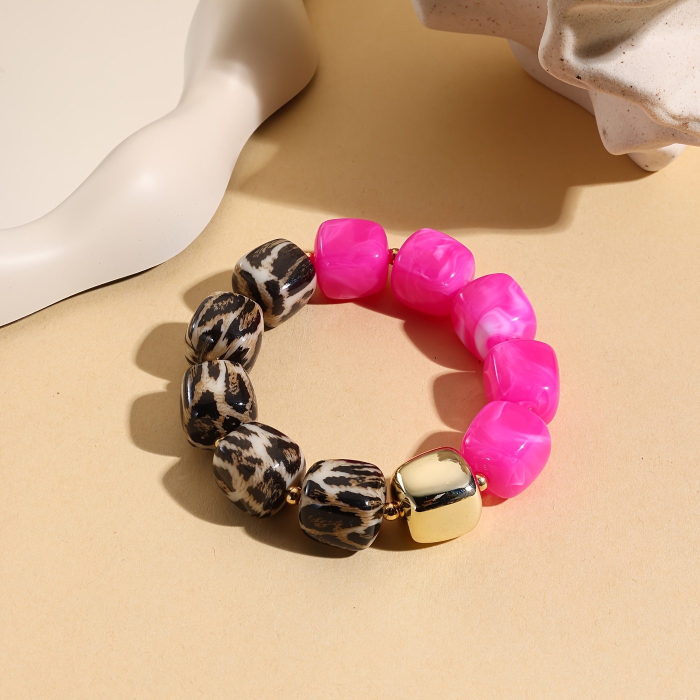 Leopard Print Dopamine Color Block Beaded Stretch Bracelet